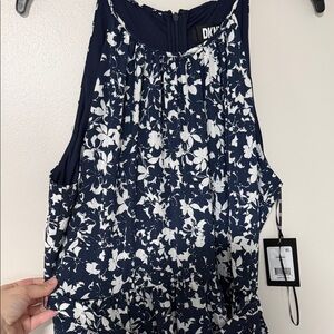 DKNY Navy and White Floral Halter Midi Dress